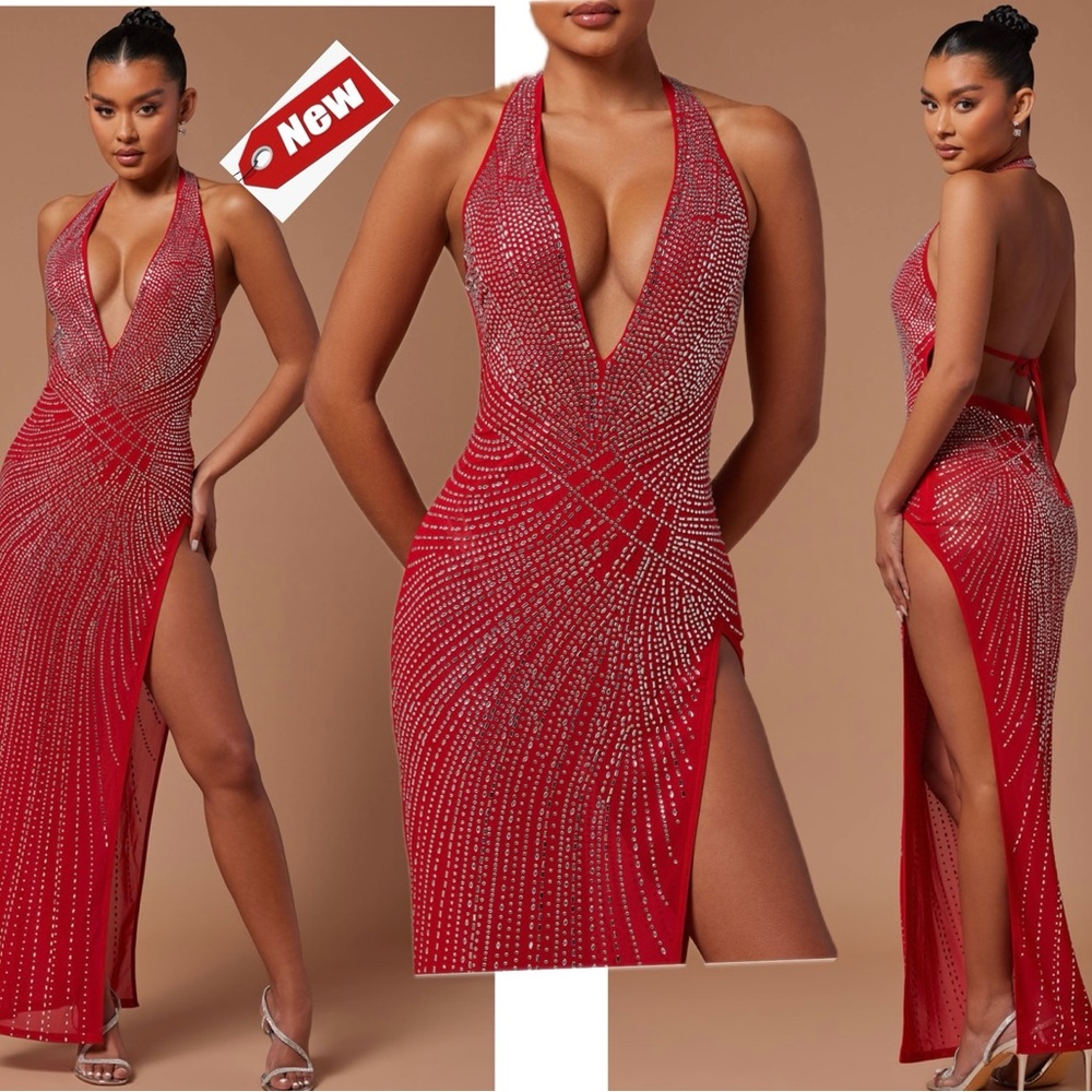 Fashion Nova red glamour embellished halter top crystal rhinestone maxi dress L